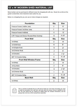 12x14 Lean-To shed plan material list