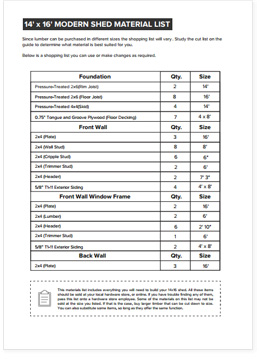 14x16 Lean-To shed plan material list