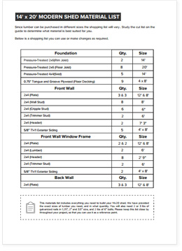14x20 Lean-To shed plan material list